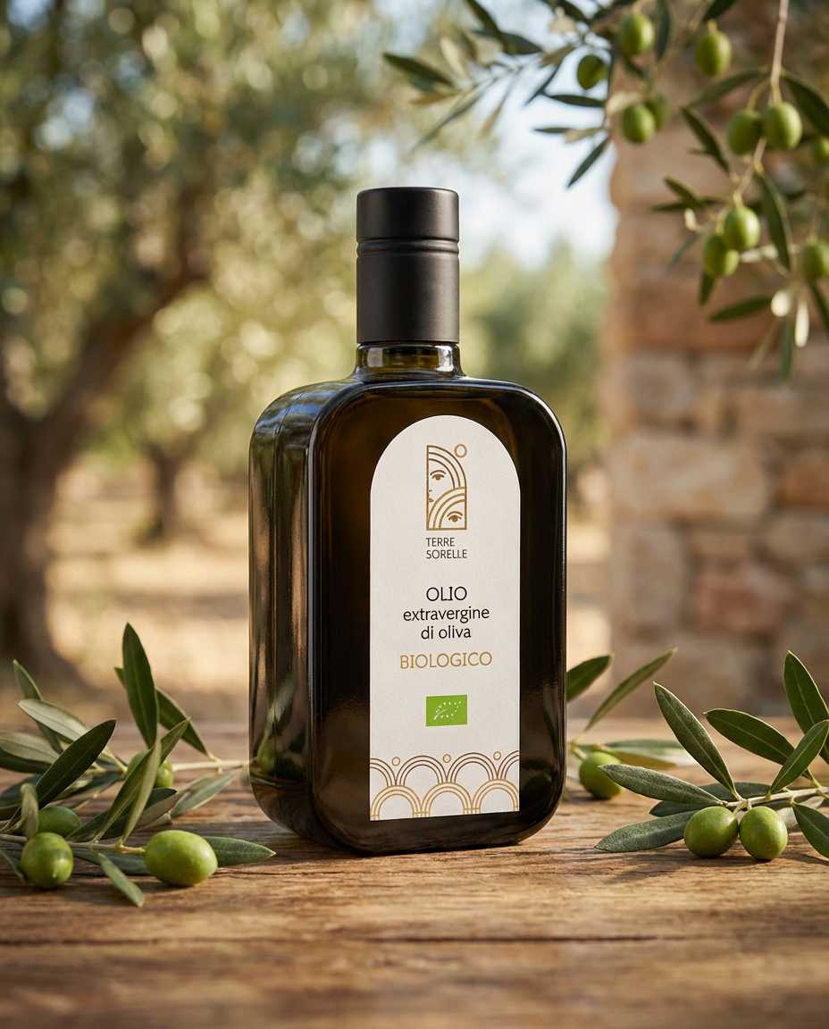Bottiglia in vetro da 500 ml di Olio Extravergine Biologico Terre Sorelle